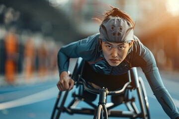 Focused Determination: Disabled Athlete Woman Deep Concentration