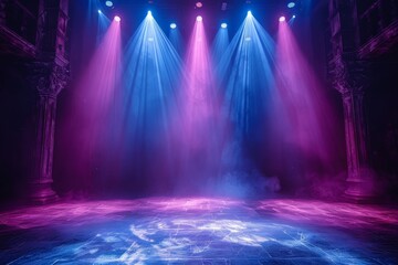 An empty stage lit with vibrant purple and blue stage lights, creating a dramatic and theatrical...