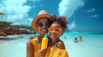 Caring young african american mother applies sunscreen to her daughter on a bright sunny beach day, ensuring skin protection.