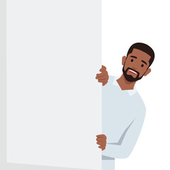 Young man peeping from behind wall. Funny curious man searching something. Flat vector illustration isolated on white background