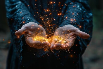 Evocative image of hands with golden sparkles flowing from them, suggesting magic or power