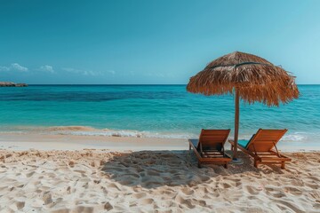 Serene beach scene with two wooden sun loungers under a straw umbrella looking out over the tranquil blue sea