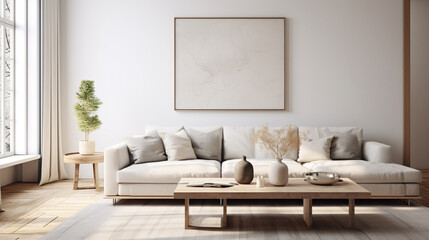 Scandinavian charm meets modern minimalism in this inviting living room, featuring a cozy sofa, sleek coffee table, and an empty wall space perfect for showcasing personalized decor or artwork.