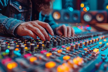 Close up of hands fine-tuning audio levels on a colorful sound mixer panel in a recording studio