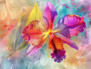 An orchid proudly displayed its vibrant colors, as if it were dressed for a gala in the jungle, light watercolor style