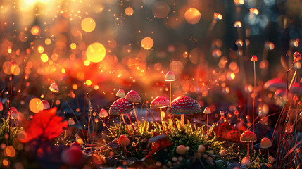 Fly agarics glow in the soft evening light. Panoramic