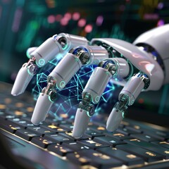 robot hands typing on keyboard with global system concept