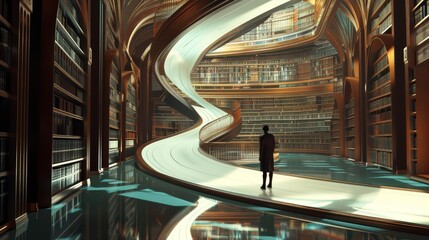 A digital ribbon cut itself at the entrance of a majestic 3D library, symbolizing the opening of paths to infinite knowledge and achievement - obrazy, fototapety, plakaty