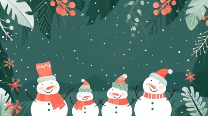 A whimsical illustration featuring cheerful snowmen adorned with scarves and top hats, surrounded by falling snowflakes