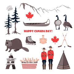 Obraz premium Canadian symbols such as beaver, goose, canoe, teepee, hockey, royal police, maple leaves and mountains. Happy National Day of Canada. Vector background.