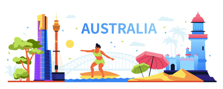 Welcome to Australia - modern colored vector illustration with Cape Byron, Sydney Tower Eye, skyscrapers and surfer girl catching a wave. Beach umbrellas on the sand, palm trees, summer rest idea