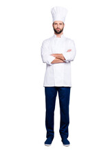 Full size fullbody portrait of  harsh virile chef cook with stubble in beret, having his arms...