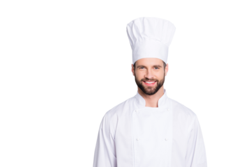 Portrait of cheerful joyful chef cook with stubble in beret and white outfit looking at camera isolated on grey background
