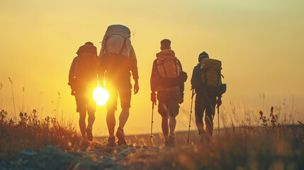 Friends walking with backpacks in sunset. 