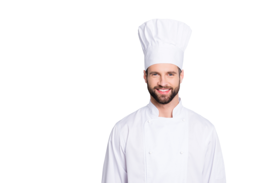 Portrait of cheerful joyful chef cook with stubble in beret and white outfit looking at camera isolated on grey background