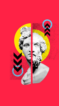 Contemporary art collage. Two halves of classical busts against yellow half-circle on bright red background, accented with halftone patterns and cyan arrows. Concept of sculpture artwork, creativity.