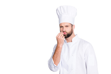 Portrait with copy space, empty place for advertisement product of handsome chef cook in beret,...