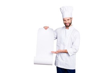 Portrait with empty place of cheerful positive chef cook in beret showing with palm clean open...