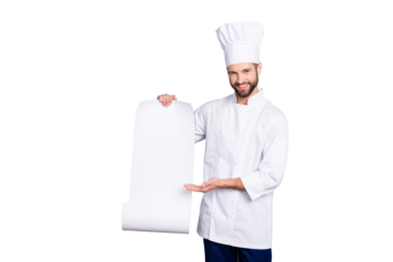 Portrait with empty place of cheerful positive chef cook in beret showing with palm clean open paper roll with empty place for product, isolated on grey background