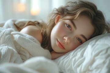 Fototapeta premium A serene and soothing image of a woman taking a peaceful nap enveloped in a soft white duvet