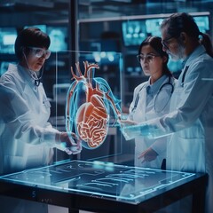 Scientist in lab using digital technology, computers, and touchscreens for healthcare research