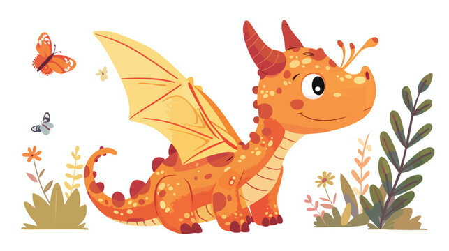Cute fairytale dragon with butterfly on nose. Fairy t