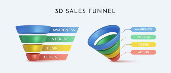 3d Sales funnel diagram stage presentation infographic design