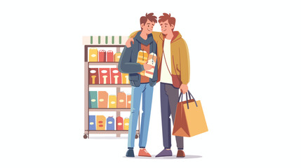 Cute gay couple shopping together. Homosexual partner
