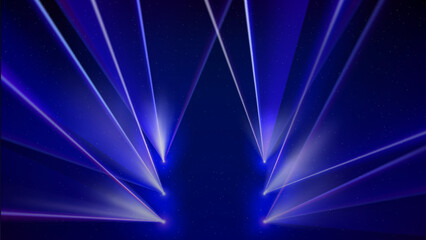 Laser light show. Bright led laser beams, dj light party. Illuminated blue stage, led strobe lights. Stage lighting effect. Background, backdrop for displaying products. Vector illustration