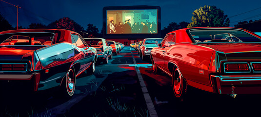 illustration d'un drive-in Américain avec des voitures alignées en face d'un écran de cinéma en extérieur - obrazy, fototapety, plakaty