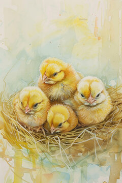 A painting of four baby chicks sitting in a nest