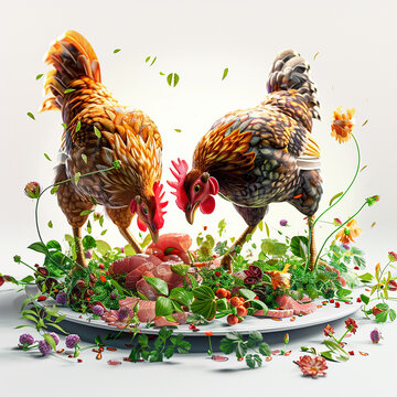 Two chickens are fighting over food on a plate