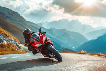 A man is riding a red motorcycle down a mountain road