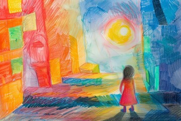 A young artist drew new worlds with crayons, her paper a doorway to endless possibilities, light watercolor style