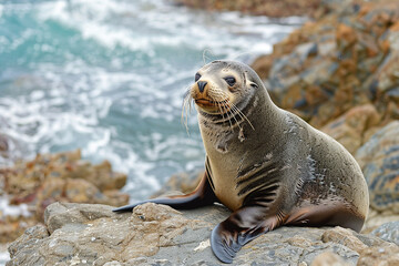 A seal is sitting on a rock near the ocean