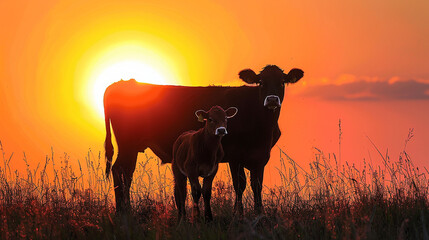 Two cows standing in a field with the sun setting behind them - obrazy, fototapety, plakaty