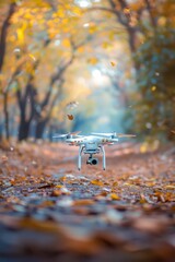 Drone quadcopter with digital camera flying in autumn forest.