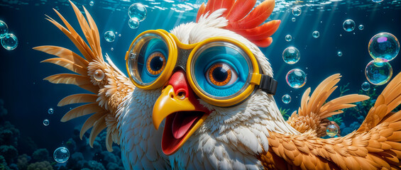A Colorful Cartoon Chicken with swimming glasses Excitedly Explores an Underwater World Filled with Bubbles and Coral Reefs.