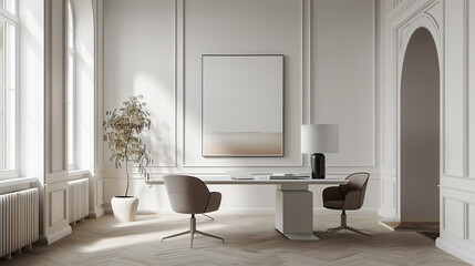 Modern office setting with sleek design elements and a pristine white frame, offering a space for creativity.