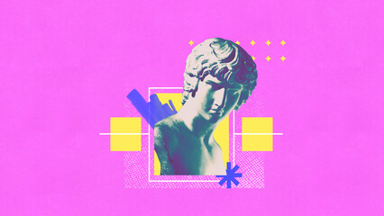 Contemporary art collage. Sculpture layered over abstract shapes in yellow and blue, with halftone accents against magenta background. Postmodernism. Concept of sculpture artwork, creativity, party