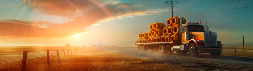 Fototapeta premium Cargo truck full of donuts on the road in the french countryside and sunset. Concept of high quality food products, cargo and shipping.