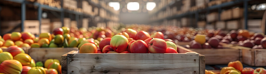 Various fruits harvested in wooden boxes in a warehouse. Natural organic fruit abundance. Healthy and natural food storing and shipping concept.