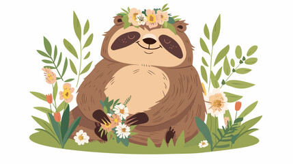 Cute sloth with flower wreath and pretty bouquet