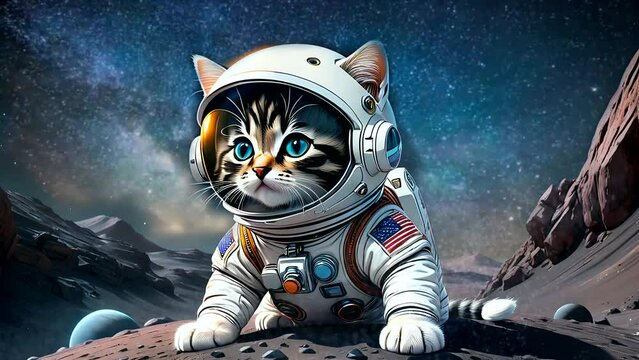 Kitten wearing an astronaut costume in space. Seamless looping time-lapse 4k video animation background