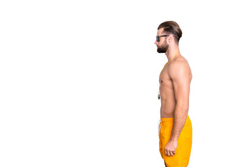 Portrait with copyspace, empty place for advertisement of muscular athletic lifeguard with stubble...