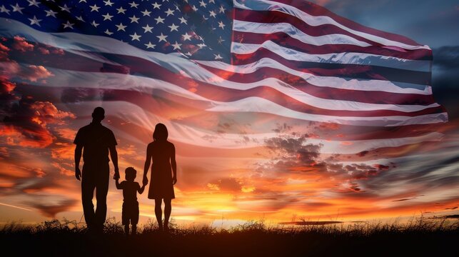 Silhouettes of family with kids on background with USA flag