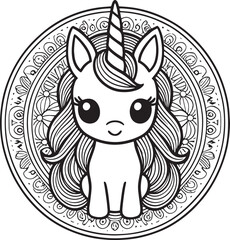 Cartoon cute unicorn horse Mandala pattern drawing cute lines, kawaii illustration © Bikibaam75