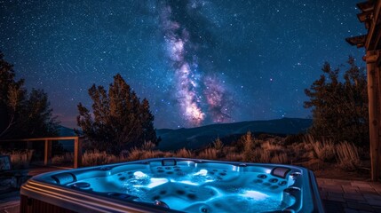 Unwind in a private hot tub under a sea of stars letting the serenity of the Dark Sky Sanctuary lull you into a deep slumber. 2d flat cartoon. - obrazy, fototapety, plakaty