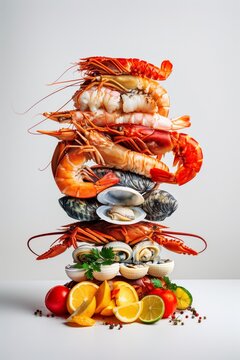 A high-quality image showcasing a variety of seafood and citrus fruits arranged artistically.