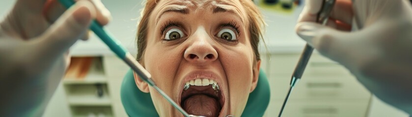 An apprehensive expression of a woman undergoing a dental examination, she braces for the procedure - obrazy, fototapety, plakaty